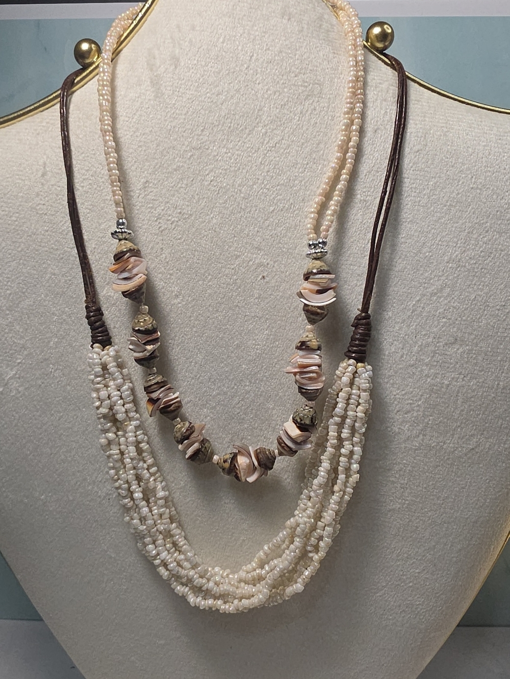 Beaded Shell Multi-Strand Necklace - Cream & Brown